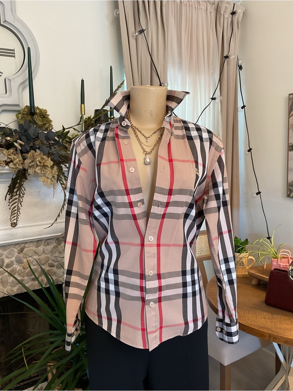 Burberry Beige and Pink Plaid Button-Down Shirt